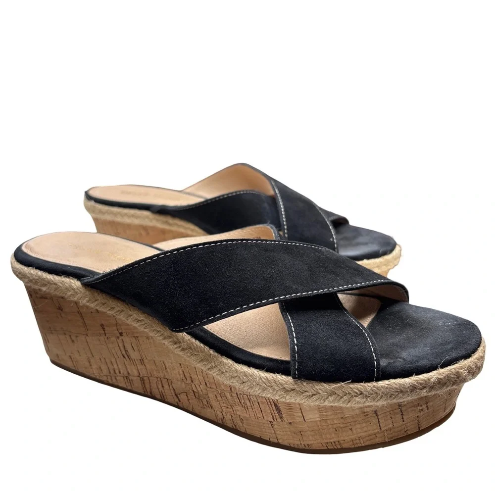 Pelle Moda Black and Tan Platform Espadrille Wedges 7.5